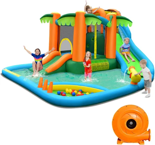 Vista 11 de Costzon - Casa inflable para niños, con tobogán acuático con pared de escalada, zona de salto, piscina pequeña, incluye bolsa de transporte de tela