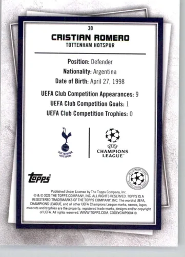 Vista 2 de 2022-23 Topps UEFA Superstars #30 Cristian Romero Tottenham Hotspur Official UCL Soccer Card in Raw (NM or Better) Conditoin