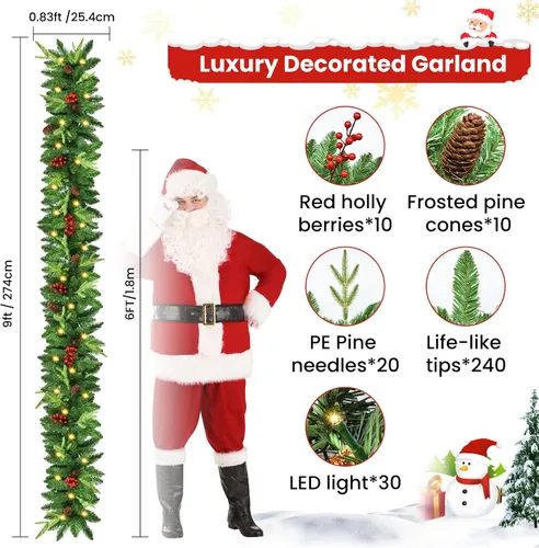Vista 2 de [Usado] Guirnalda de Navidad, Guirnalda de Navidad Preencendida de 9 pies con Luces, Funciona con Baterías con Piñas y Bayas Rojas, Vegetación