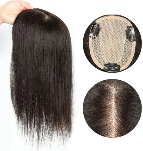 Vista 5 de Corona de cabello humano lacio con base de seda, clip invisible, para mujer, 8 pulgadas, color marrón oscuro