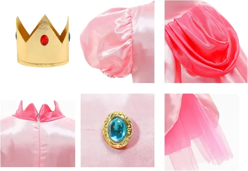 Vista 3 de atchca Disfraz de princesa melocotón para niñas, vestido de cosplay melocotón con corona de princesa