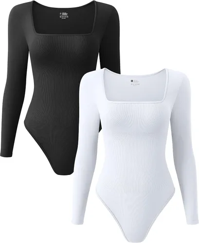Vista 14 de OQQ Body de 2 piezas para mujer, sexy, acanalado, de una pieza, cuello cuadrado, manga larga, tops Negro Beige