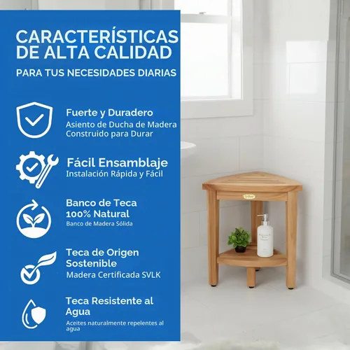 Vista 4 de EcoDecors Snazzy Corner Banco Taburete Asiento Silla de Ducha Impermeable de Madera de Teca Para Ducha Interior Proporciona Seguridad