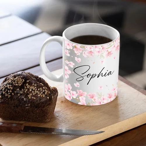 Vista 3 de Taza de café personalizada con nombre de flor de cerezo, taza de café blanca de flor de cerezo, taza de viaje de flor de cerezo, regalo
