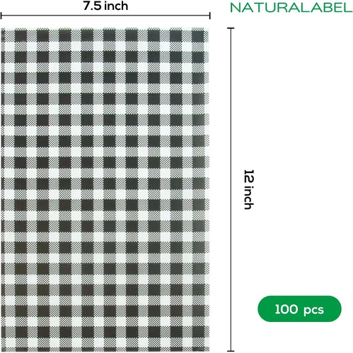 Vista 2 de NATURALABEL 100 hojas de papel de 12 x 7.5 pulgadas, color blanco y negro, resistentes a la grasa y al agua, para envolver sándwiches, burritos