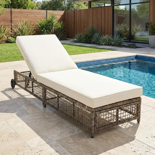 Vista 15 de Tumbona reclinable para patio al aire libre con respaldo ajustable de 5 posiciones y mesa auxiliar de madera, silla lounge para todo tipo de clima