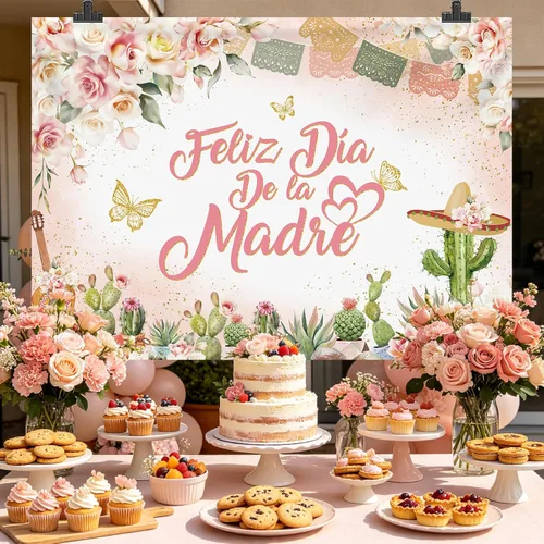 Vista 2 de MEHOFOND Fondo de feliz día de la madre, decoración mexicana para el Día de la Madre, fondo floral rosa para cabina de fotos, cartel de fiesta