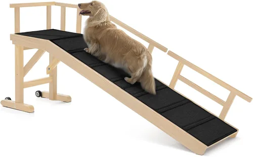Vista 15 de Rampa para perros para cama o sofá, rampa de madera para mascotas con pendiente suave de 20°, rieles laterales extraíbles, superficie