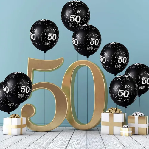 Vista 4 de Gejoy 36 globos negros de 12 pulgadas para cumpleaños de 50 años, decoraciones de fiesta de 50 años, globos de látex para hombres y mujeres