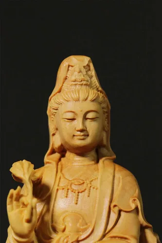 Vista 3 de Estatua de Quan Yin de pie en dragón, Kwan Yin Misericordia Diosa china Feng Shui escultura tallada a mano boj femenino Buda Budista Decoración