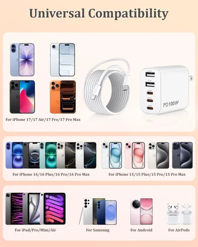Vista 12 de 100W 5-Port USB C Charging Blocks for iPhone 17 Charger Fast Charging 2Pack