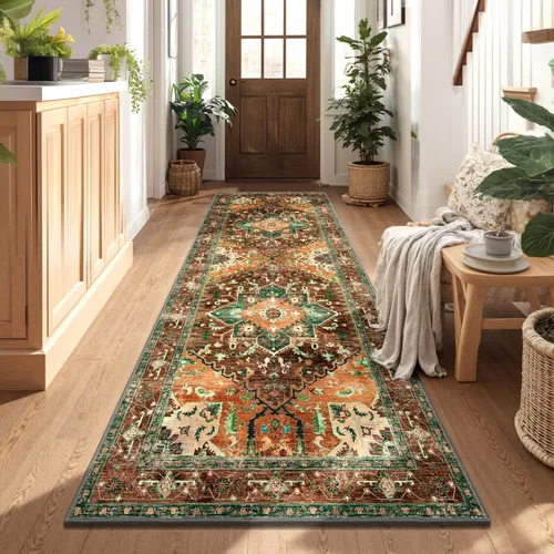Vista 60 de Yamaziot Tapete lavable de 2 x 3 pulgadas, para entrada pequeña, antideslizante, estilo bohemio vintage, reverso de goma, lana sintética de pelo