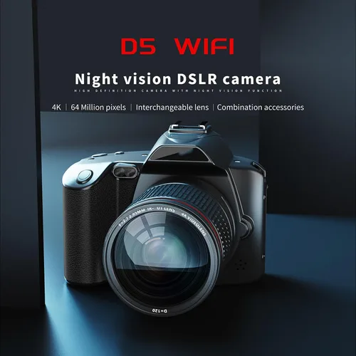 Vista 2 de Cámara digital, D5 F = 2.7 0.116 in 4K 64MP 16X Zoom Cámara digital HD visión nocturna, cámara de video gran angular de 120° con pantalla de 3