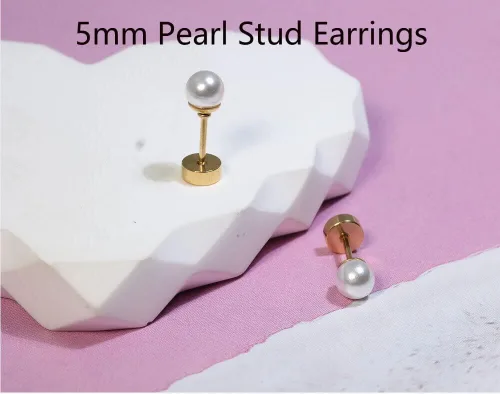 Vista 2 de Aretes de perlas con cierre de rosca, parte trasera plana, cartílago de perla, hélix, aretes de acero quirúrgico 316L, joyería de piercing