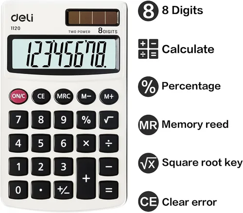 Vista 3 de Calculadora, Calculadoras Básicas de Función Estándar Deli, Calculadora de Oficina de Energía Dual Solar y Batería con Cubierta, Panel de Metal