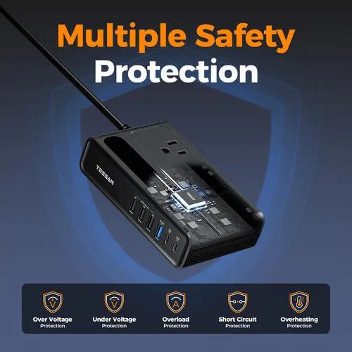 Vista 4 de TESSAN - Inversor de corriente para automóvil de 200 W, convertidor de 12 V CC a 110 V CA con 2 salidas de CA y 6 puertos USB con USB de 36 W