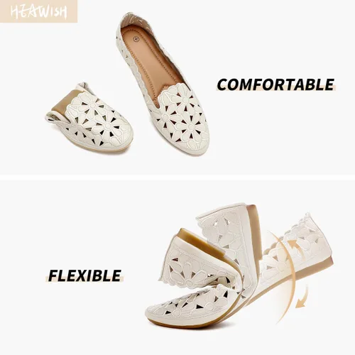 Vista 3 de HEAWISH - Zapatos planos estilo ballet para mujer, con diseño floral, piel sintética, puntera redonda, calzado elegante, color negro y beige