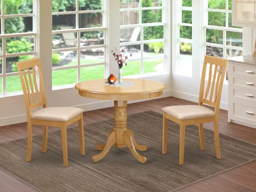 Vista 2 de East West Furniture ANTI3-OAK-C - Juego de mesa y sillas de cocina de 3 piezas que contiene una mesa de comedor redonda con pedestal y 2 sillas