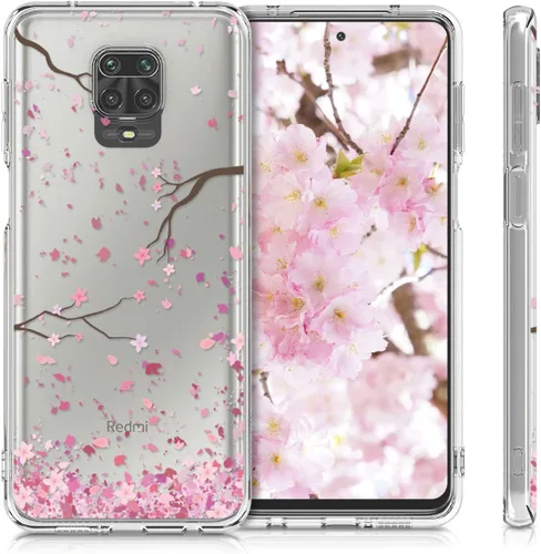 Vista 5 de kwmobile Funda transparente compatible con Xiaomi Redmi Note 9S / 9 Pro / 9 Pro Max - Funda de teléfono de TPU suave - Flores de cerezo rosa/marrón