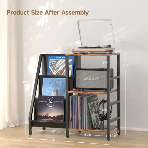 Vista 4 de Coco Bird - Soporte para tocadiscos de vinilo con almacenamiento de 3 niveles, estante de exhibición para tocadiscos para 200 álbumes, mesa