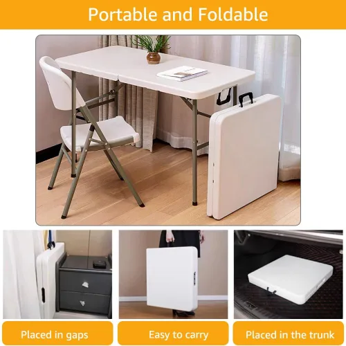 Vista 5 de Mesa plegable de plástico resistente de 4 pies, mesa de campamento plegable portátil, mesa de picnic, mesa de juego con asa, para 48 pulgadas