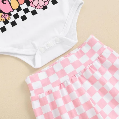 Vista 154 de Sejardin Ropa de verano para bebé y niña, recién nacida, manga corta, con letras, mameluco elástico con diadema