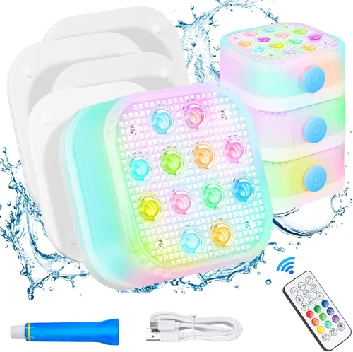 Vista 9 de Luz de piscina, 6 pulgadas, 25 LED RGB sumergible luz flotante Bluetooth APP Control, 4000mAh Rechargeable, IP68 Waterproof, Magnetic Mount, Above