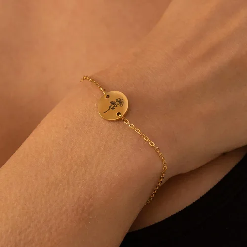 Vista 2 de Pulsera de flor de nacimiento de oro de 18 quilates grabada personalizada, pulseras con dije floral personalizado de acero inoxidable, cadena