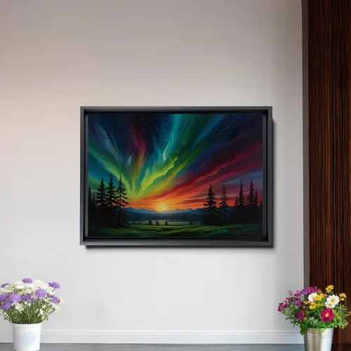 Vista 2 de Aurora Borealis, Northern Lights Art, framed canvas print, snow capped mountain landscape art, synthwave vaporwave, Print On Canvas, Decor