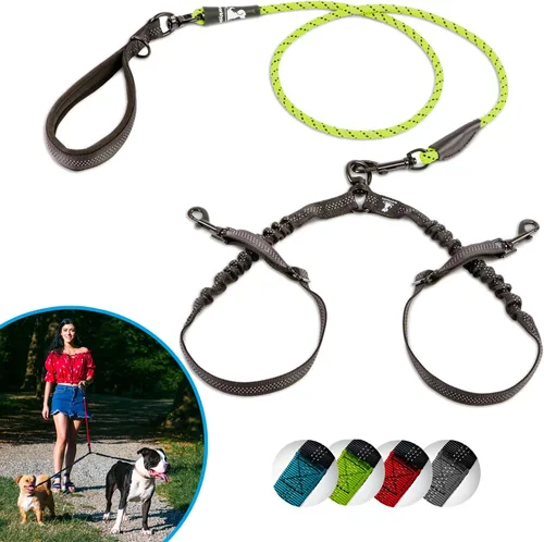 Vista 14 de Correa doble premium para dos perros, absorción de golpes, antitirón, doble correa para razas medianas y grandes con accesorio de correa doble