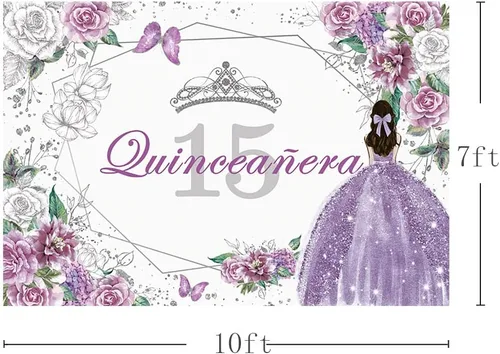 Vista 5 de SENDY Telón de fondo de quinceañera de 10 x 7 pies para decoración de fiesta de cumpleaños de 15 años para niña dulce Mis membrillo púrpura plata