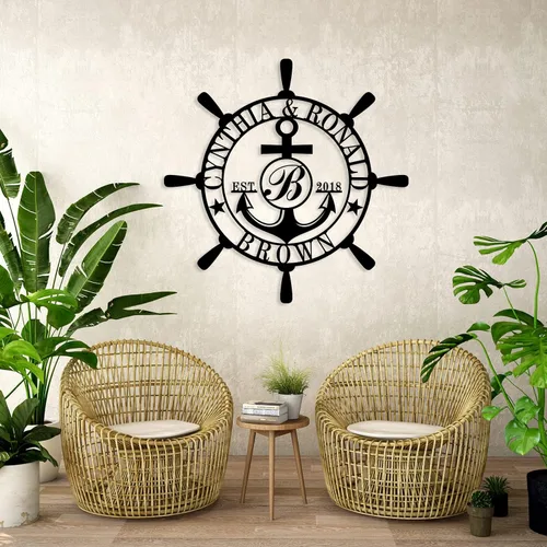 Vista 6 de Letrero personalizado con nombre de familia, decoración de pared náutica, letrero de metal con brújula de ancla, letrero de monograma de letra