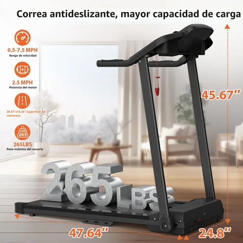 Vista 5 de Caminadora plegable compacta con inclinación para entrenamientos en casa, máquina eléctrica para caminar con 15 programas ajustables, capacidad