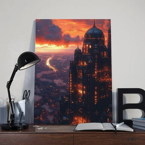 Vista 8 de XAHOR Sci-Fi Steampunk Canvas Wall Art – Cyberpunk Retro City at Dusk Canvas Poster Wall Art Decor Print Picture Paintings for Living Room Bedroom