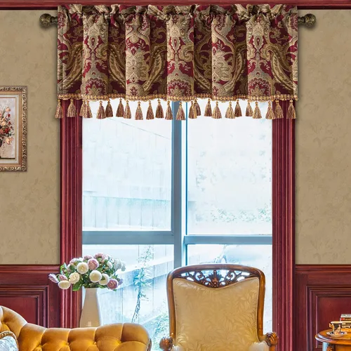 Vista 11 de Loom and Mill Cenefas de jacquard de lujo para ventana de sala de estar, elegante cenefa de cortina de damasco beige con ribete de cuentas, cortina