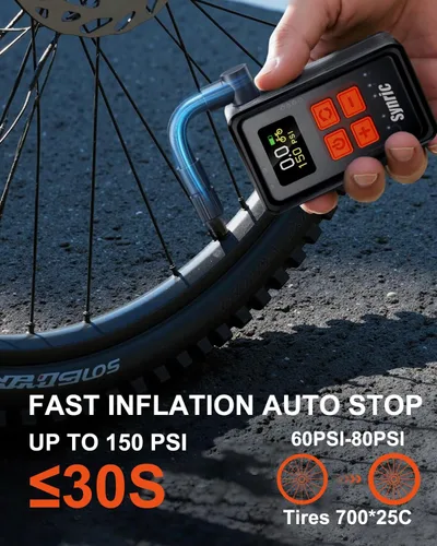 Vista 3 de Mini bomba de neumáticos para bicicleta, bomba de bicicleta de inflado rápido de 150 PSI con manómetro, parada automática, bomba de aire eléctrica