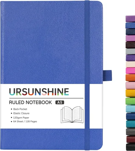 Vista 58 de Cuaderno punteado, diario, 5.3 x 8.26 pulgadas, tapa dura, prémium, papel grueso, doble espiral, bandas, cuero negro sintético, lazo para bolígrafo