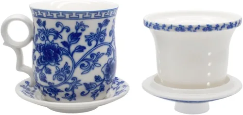 Vista 6 de Taza de té de porcelana con tapa de infusor y juegos de platillo, taza de té de cerámica china Jingdezhen, taza de té de hojas sueltas para oficina