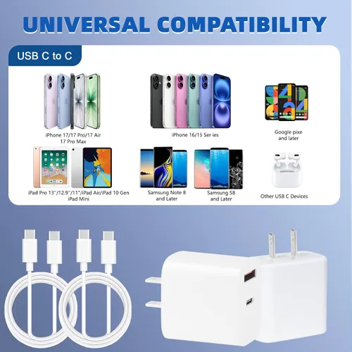 Vista 3 de Cargador para iPhone 17 16 15 de carga rápida, 40 W de doble puerto A/C, cargador de teléfono de carga rápida USB C, cable de carga rápida de 10