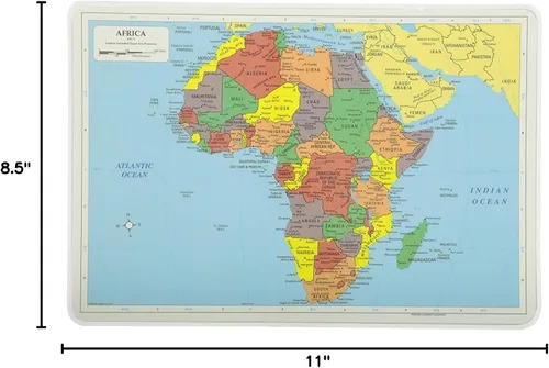 Vista 5 de Painless Learning Manteles individuales educativos para niños, juego de mapas laminados de Asia y África de dos caras de Estados Unidos/Mapas