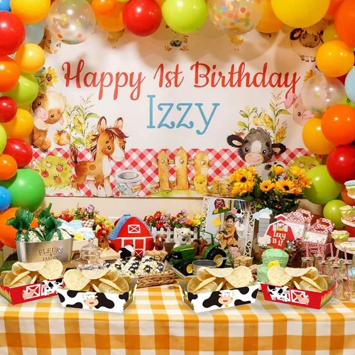 Vista 3 de 24 piezas de suministros de fiesta de aperitivos de animales de granja, bandejas de comida de granja para fiesta de cumpleaños de granero
