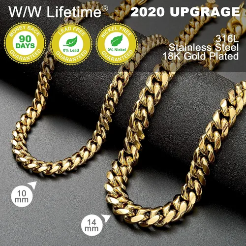 Vista 6 de Collar de cadena de eslabones cubanos de acero inoxidable chapado en oro de 18 quilates para hombre