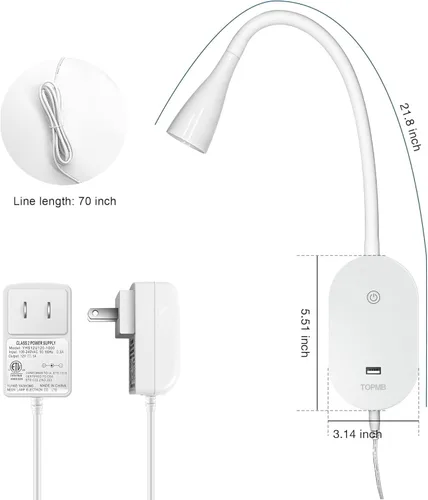 Vista 3 de Luz de lectura de pared para libros en la cama, lámpara de pared de cabecera con salida USB, lámpara de lectura regulable con 5 controles táctiles