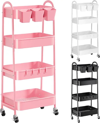 Vista 12 de Carrito rodante de 3 niveles de metal gris, carrito de almacenamiento de malla con asa y ruedas con cerradura, carritos organizadores