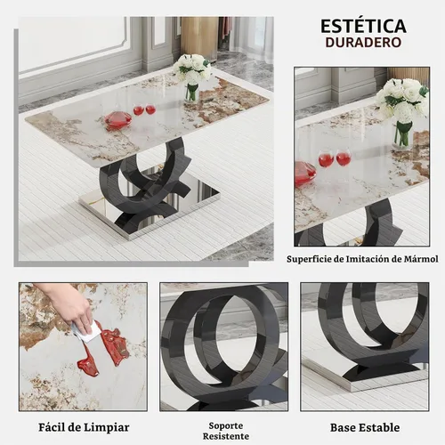 Vista 4 de Ebullient Mesa de comedor de mármol de 63 pulgadas, moderna mesa de cocina rectangular de vidrio, parte superior de mármol PDLB con base de diseño