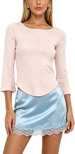 Vista 6 de Camiseta de manga 3/4 para mujer, cuello barco, ajuste delgado, manga de A Blanco
