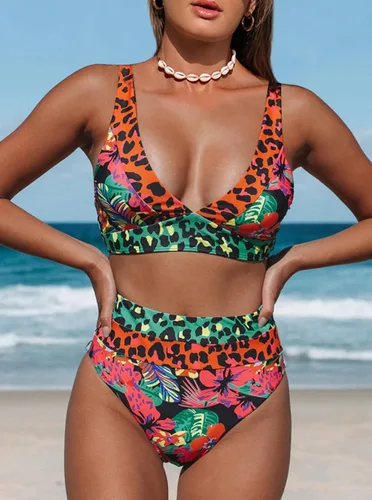 Vista 2 de Hilinker Bikini de leopardo para mujer, cuello en V, cintura alta, trajes de baño de 2 piezas