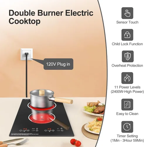 Vista 3 de Placa de cocina eléctrica, integrada y de encimera de 2 quemadores eléctricos para cocinar, 2400W 110V, 11 configuraciones de potencia, temporizador