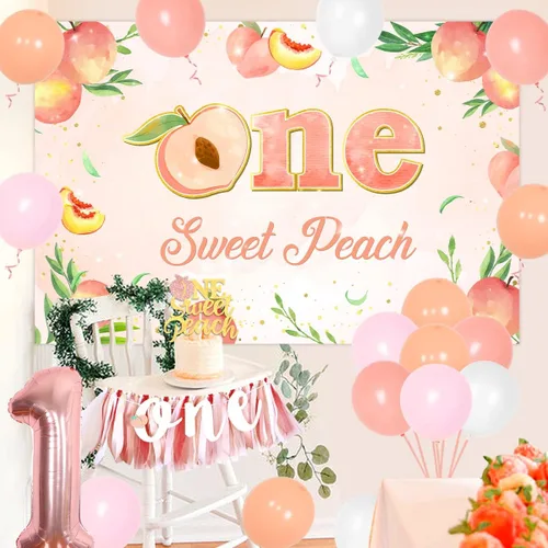 Vista 5 de Decoración de cumpleaños de durazno dulce para el primer cumpleaños, decoración para niñas, un dulce melocotón, telón de fondo para primera silla