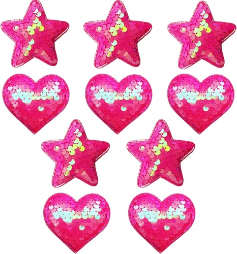 Vista 11 de Xeahung 10 parches de corazón y estrella, parches de estrellas rosas para coser, parches de corazón con purpurina para ropa, vestido, sombrero